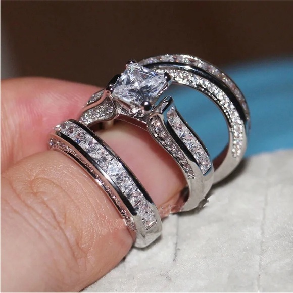Sterling Silver Wedding Engagement 3 Piece Ring Set - Picture 1 of 13